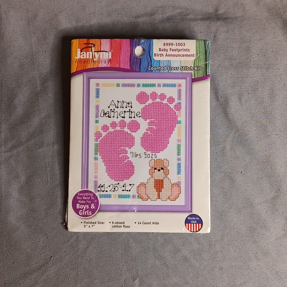 Janlynn Needlecraft Counted Cross Stitch newborn announcement. Never opened.